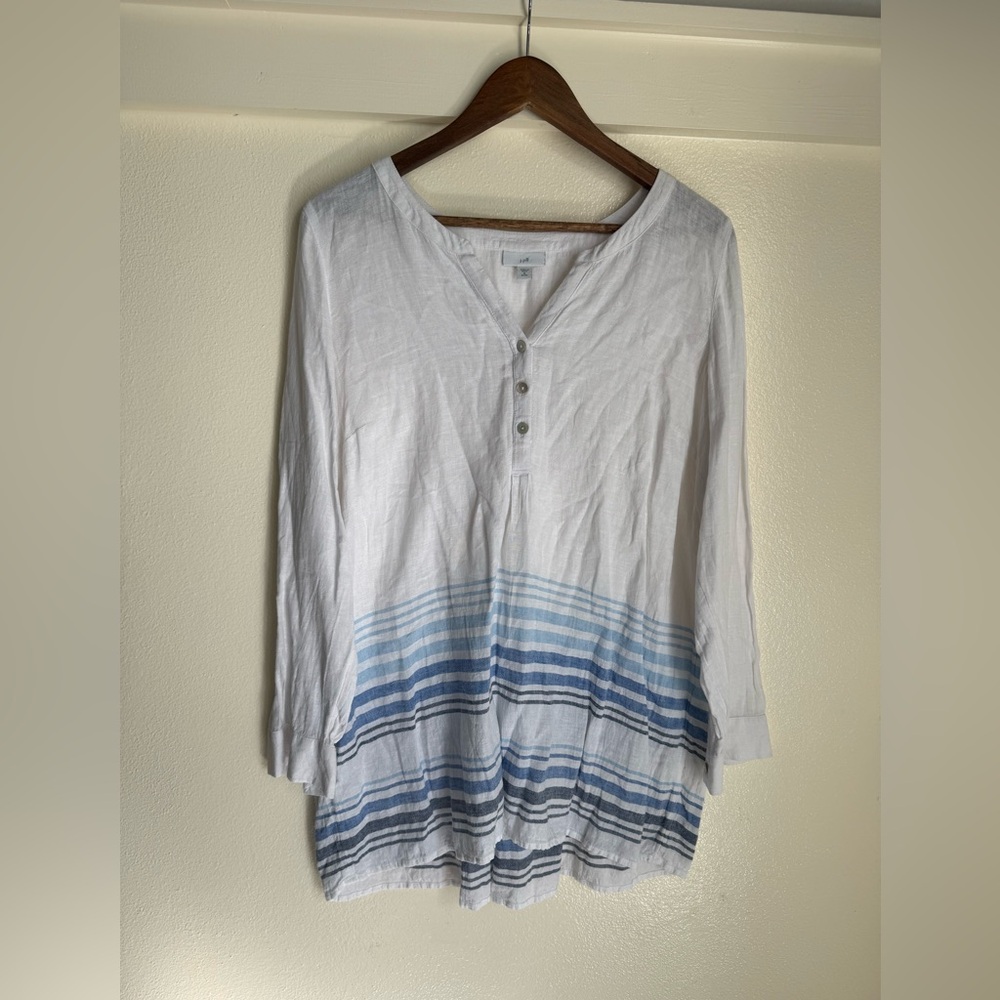 J.Jill Linen Blend Tunic Top Blue Stripe Boho Beachy Lightweight Petite M - Picture 2 of 9